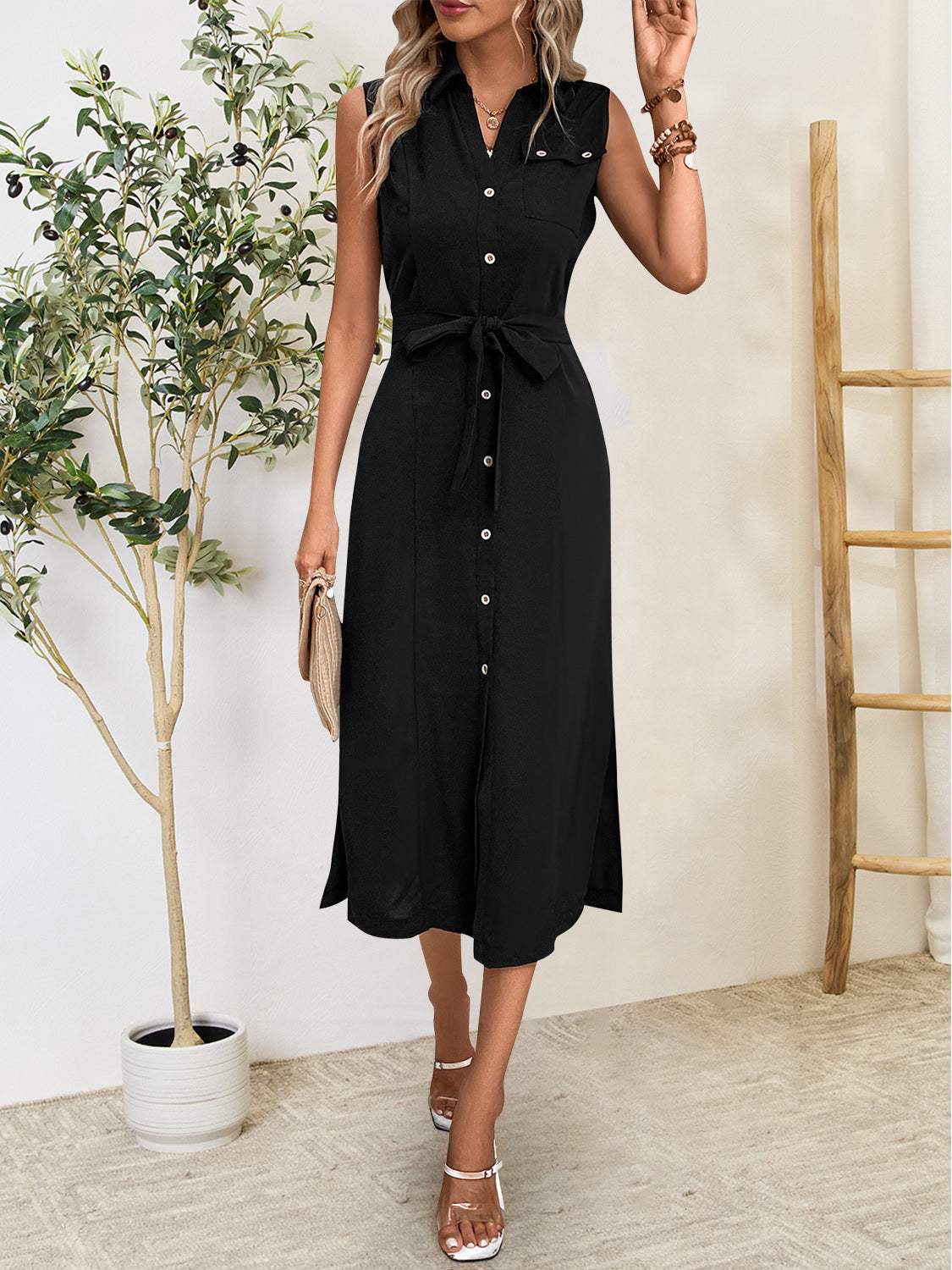 Button Up Sleeveless Midi Dress Casual Dresses - Tophatter Daily Deals