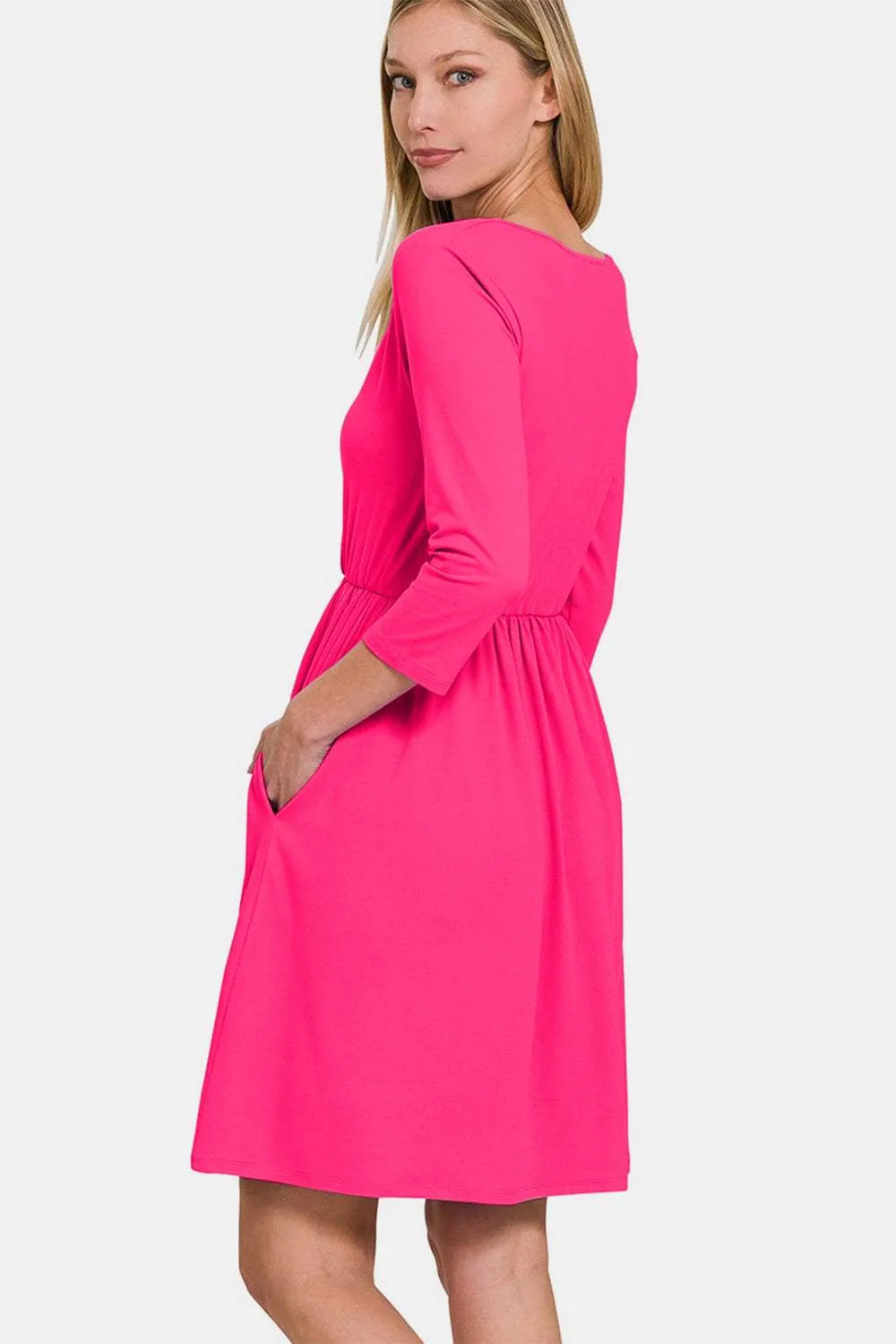 Zenana Three-Quarter Sleeve Surplice Dress with Pockets Casual Dresses - Tophatter Daily Deals