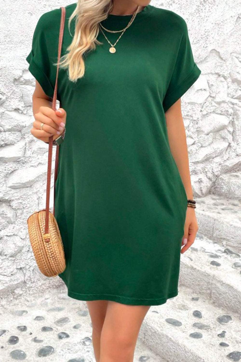 Pocketed Round Neck Short Sleeve Dress Casual Dresses - Tophatter Daily Deals