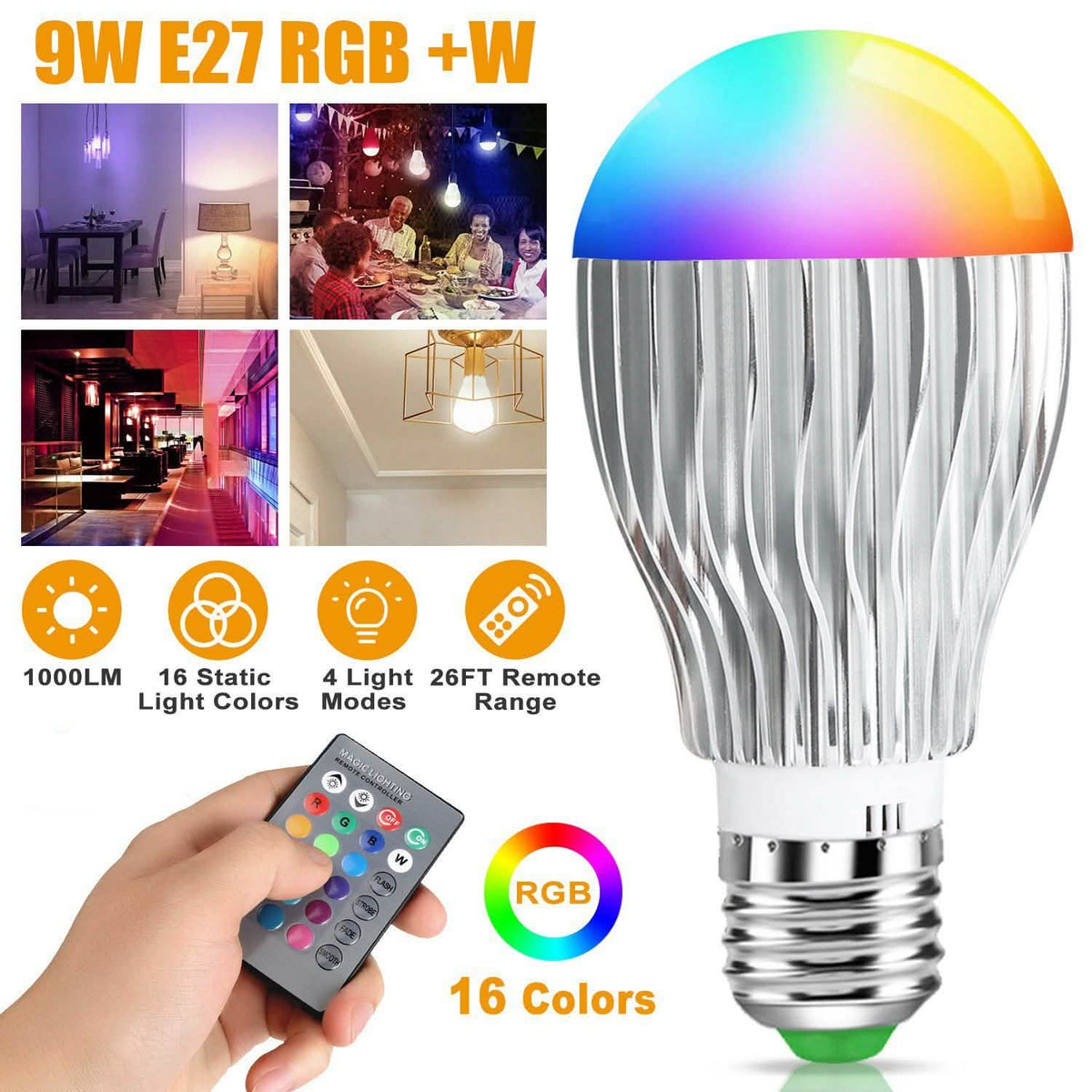 9W LED Light Bulb E27 RGB Lamp Indoor Lighting - Tophatter Daily Deals