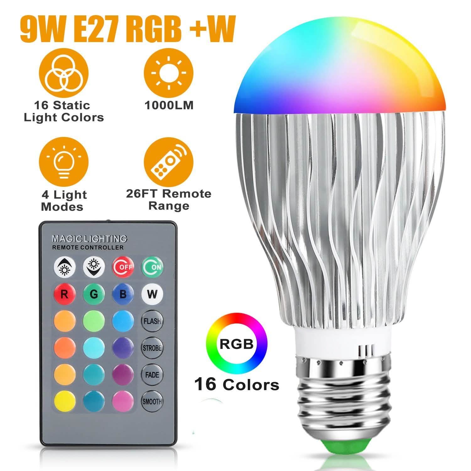 9W LED Light Bulb E27 RGB Lamp Indoor Lighting - Tophatter Daily Deals