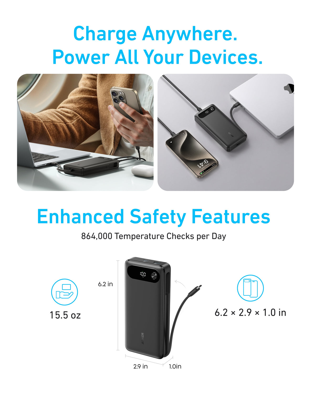 Anker Power Bank (20K, 87W, Built-In USB-C Cable) Batteries & Power Accessories - Tophatter Daily Deals