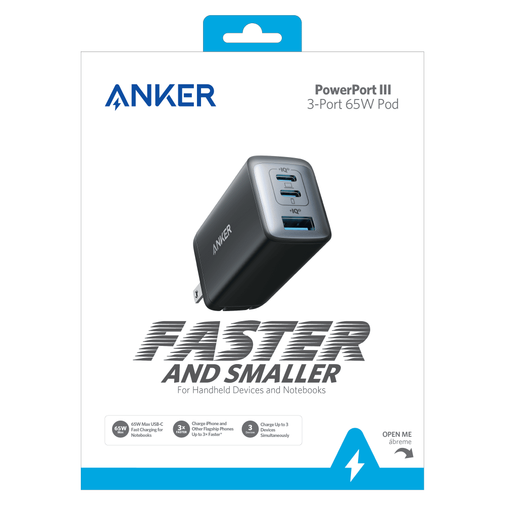 Anker PowerPort 3 3 Port Wall Charger 65W - Black Electronics - Tophatter Daily Deals