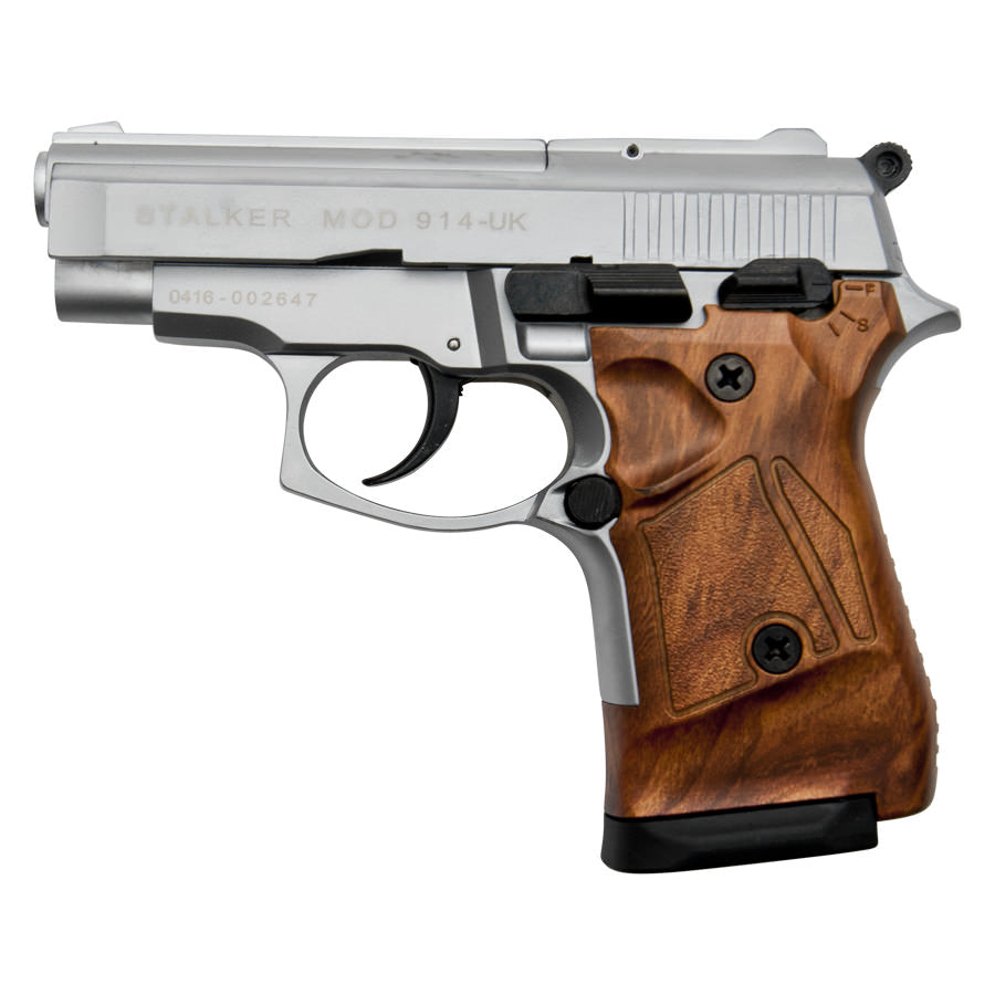 Stalker 914 Silver Finish Wood Grip - Full Automatic 9mm Blank Firing Gun - Tophatter's Guns'N'Weapons Store Collectible Weapons - Tophatter Daily Deals