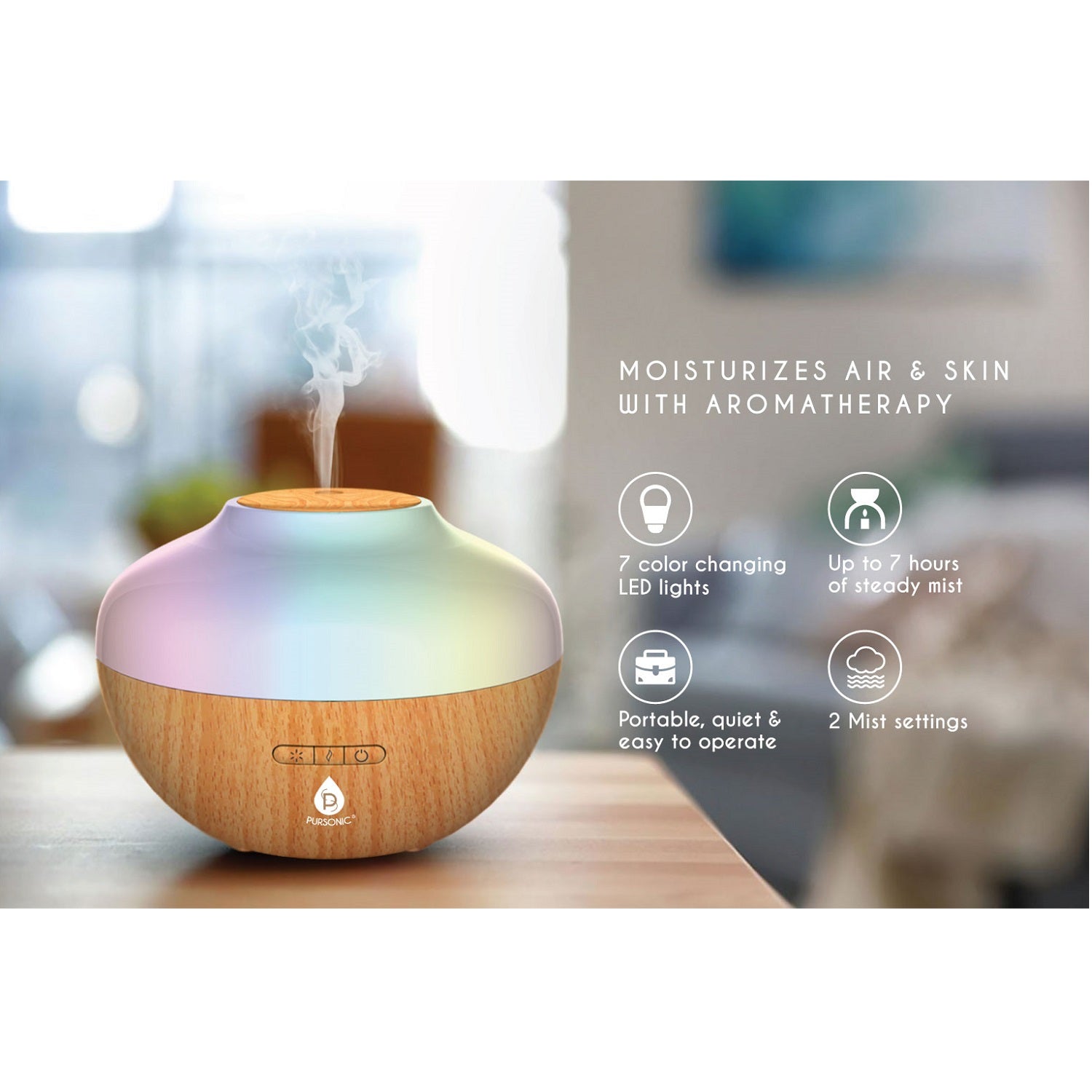 Pursonic Pursonic Aromatherapy Diffuser & Essential Oil Set-Ultrasonic Top 3 Oils-300ml with 2 Mist Settings 7 Ambient Light Settings Diffusers - Tophatter Daily Deals