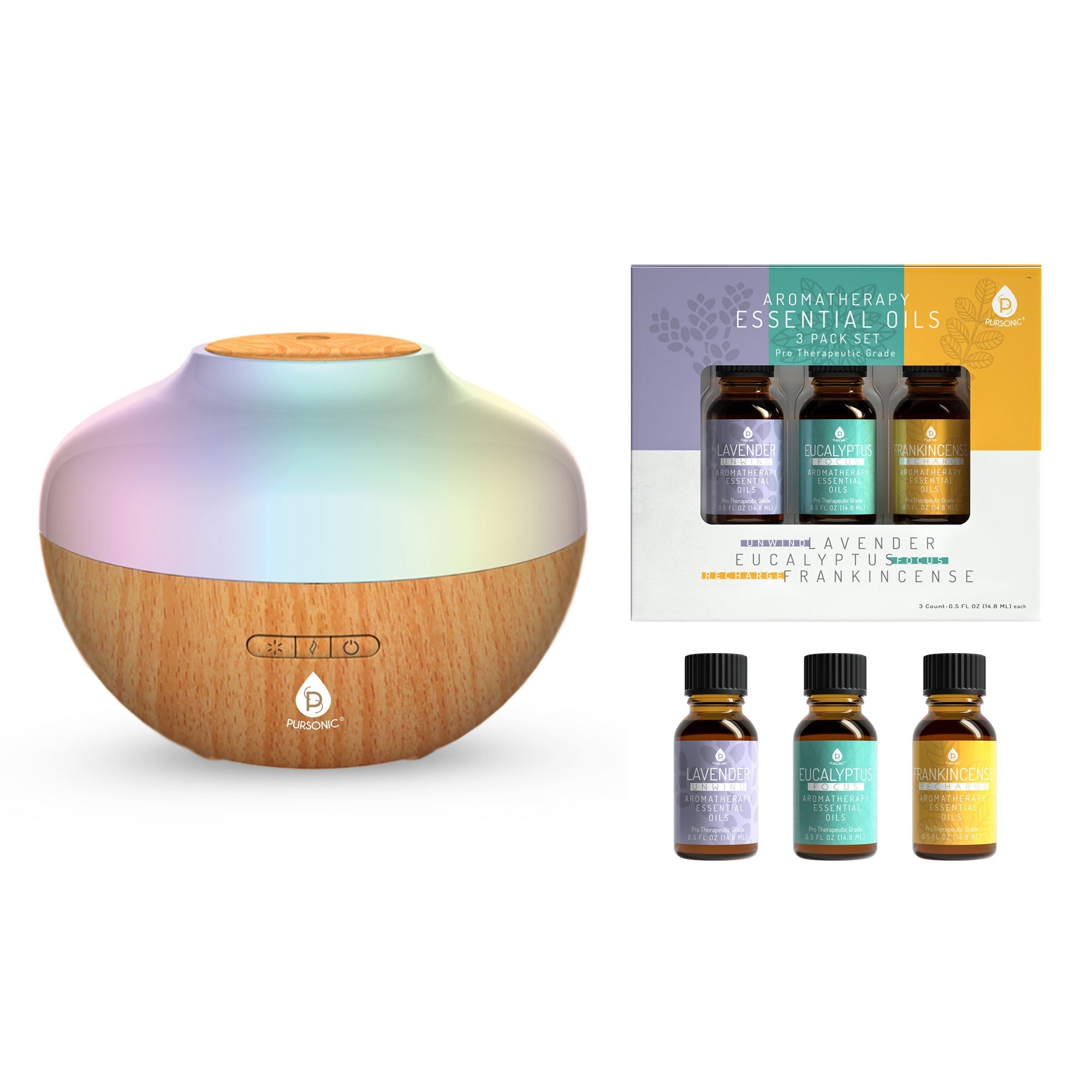 Pursonic Pursonic Aromatherapy Diffuser & Essential Oil Set-Ultrasonic Top 3 Oils-300ml with 2 Mist Settings 7 Ambient Light Settings White Diffusers - Tophatter Daily Deals