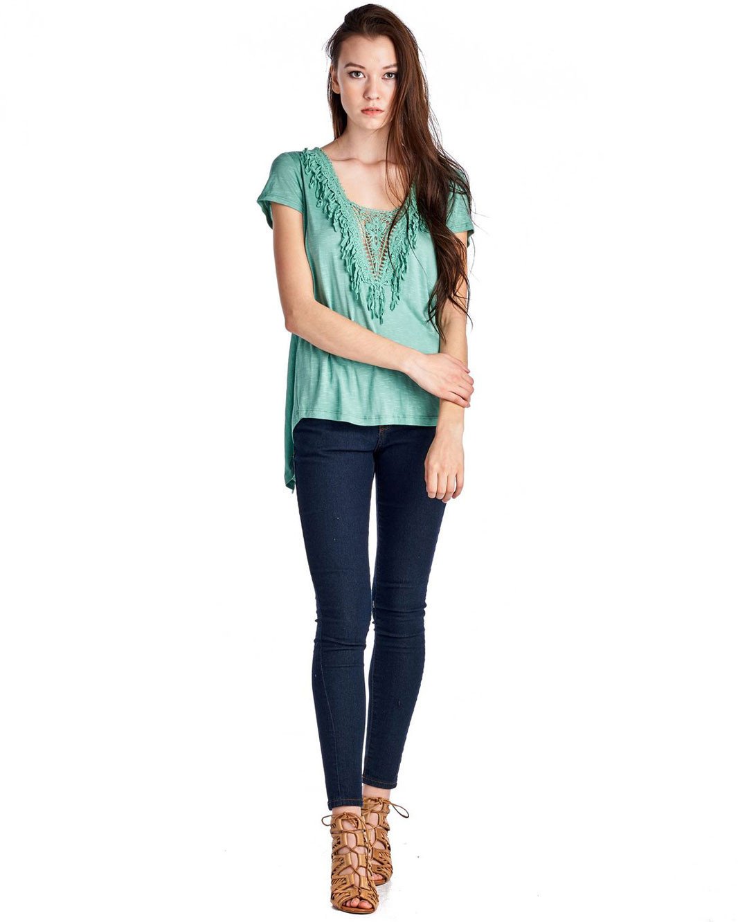 Women's Teal Crochet Accent Split Back Top Tops - Tophatter Daily Deals