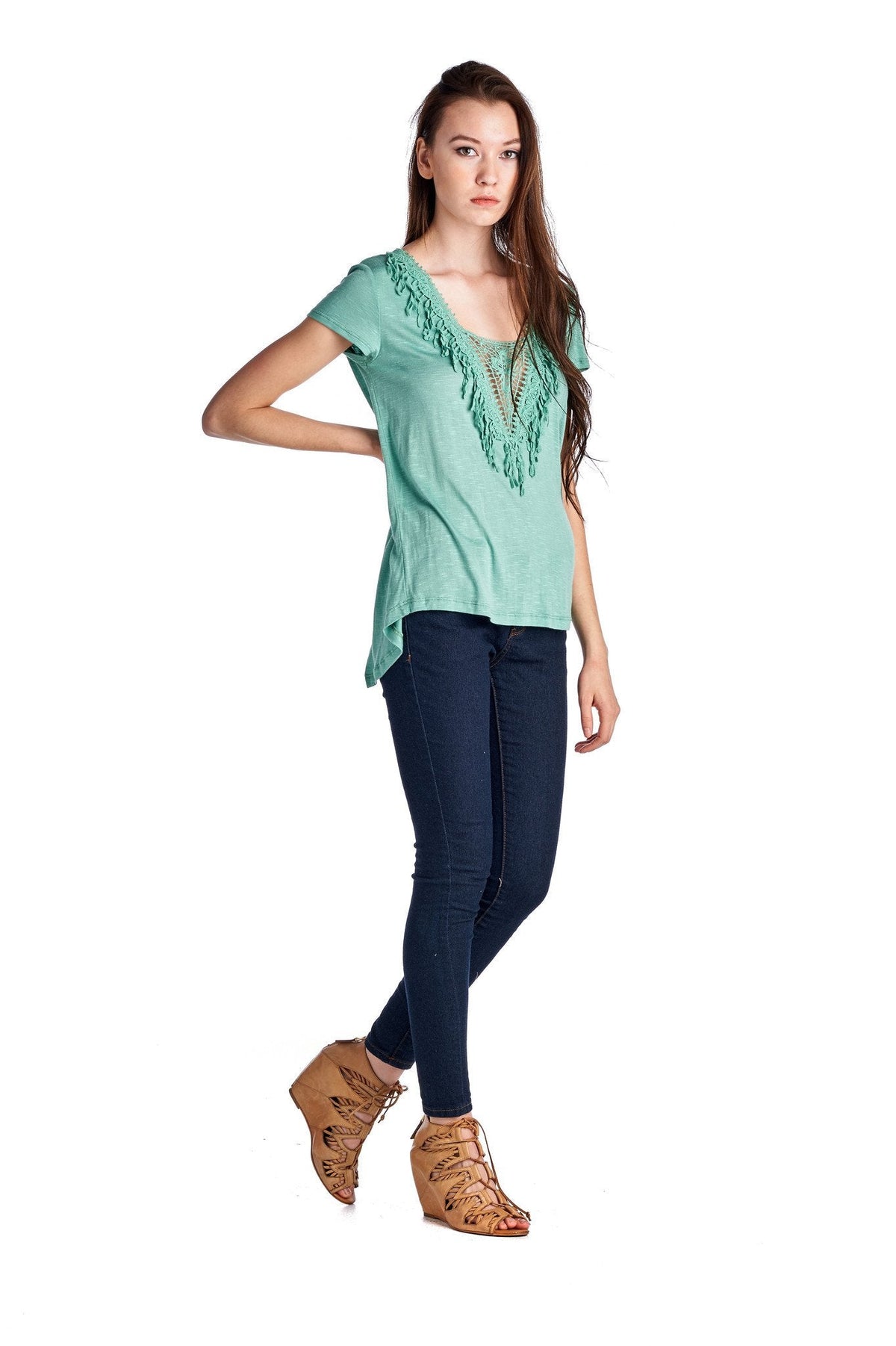 Women's Teal Crochet Accent Split Back Top Tops - Tophatter Daily Deals