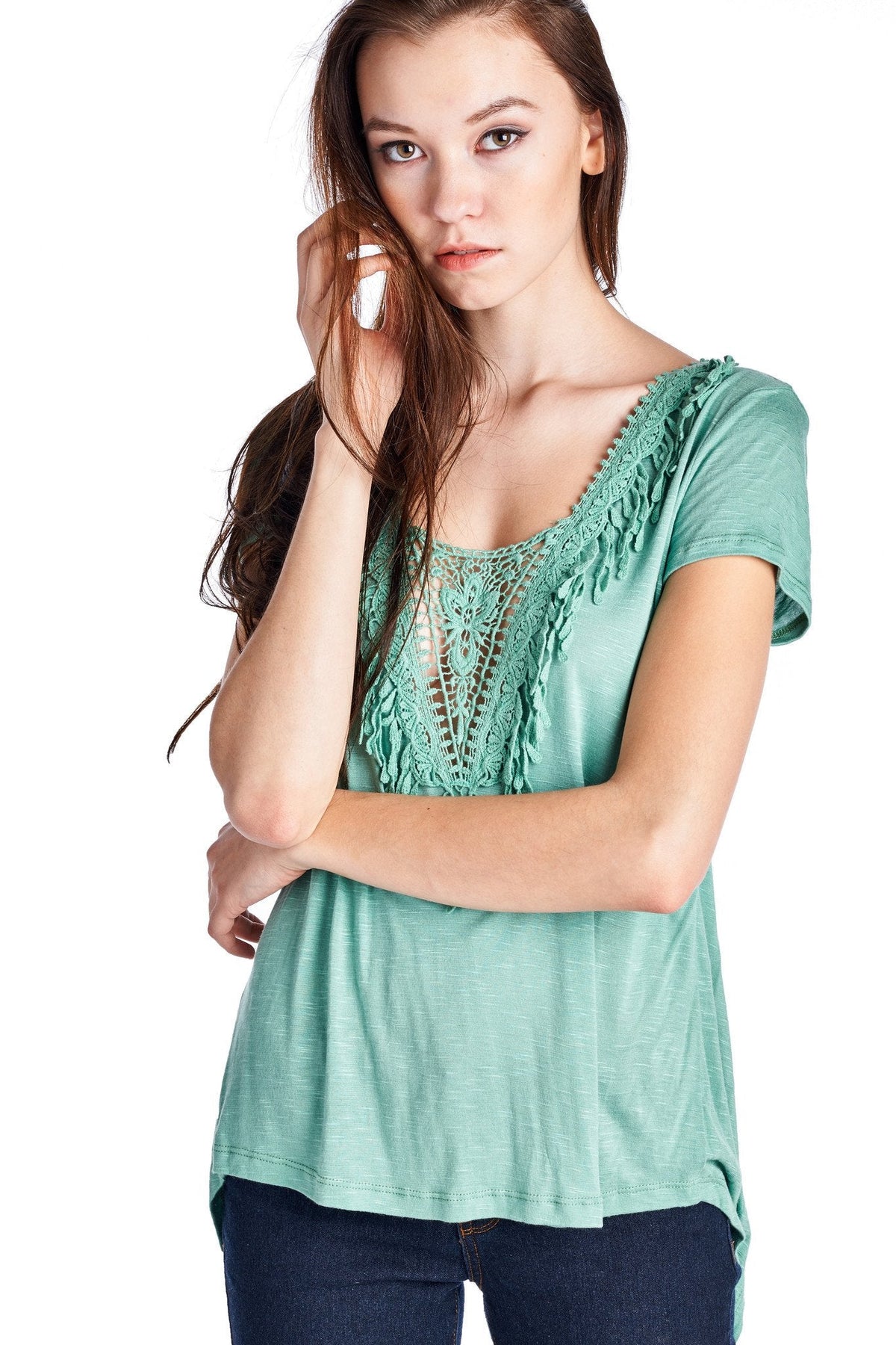 Women's Teal Crochet Accent Split Back Top Tops - Tophatter Daily Deals