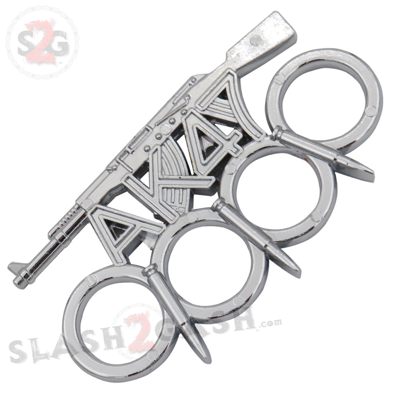 AK-47 Brass Knuckles w/ Bullet Spikes Kalashnikov Rifle Paperweight Silver Belt Buckle - Tophatter Daily Deals