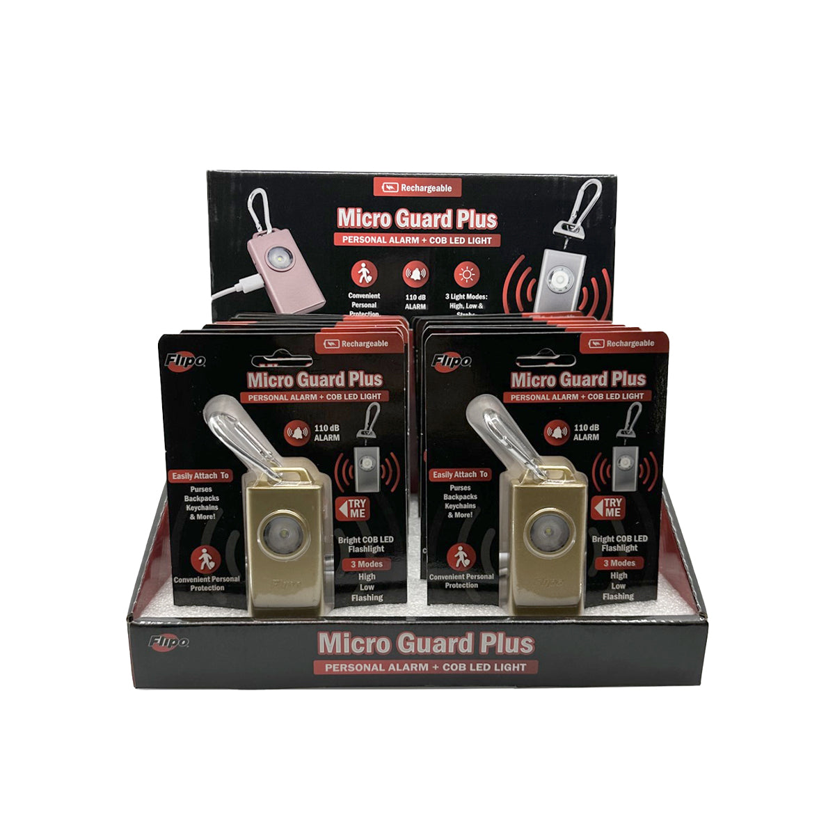 Micro Guard™ Plus Personal Alarm + COB LED Flashlight 12 Unit Display - Tophatter Daily Deals