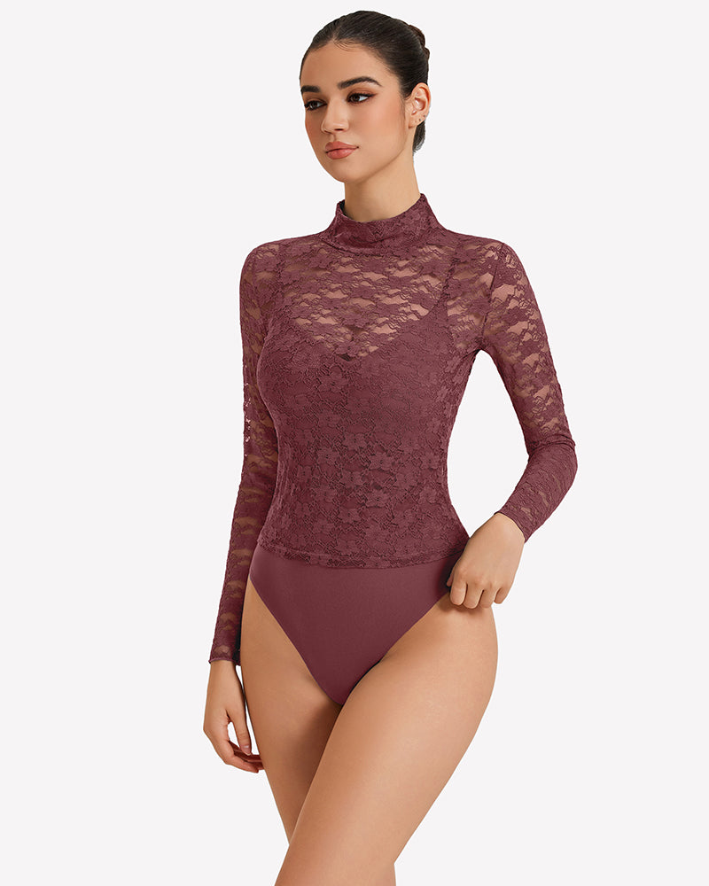 Long Sleeve Bodysuit Lace Tops Two Piece Set Purple Red Shaperwear-bodysuit - Tophatter Daily Deals