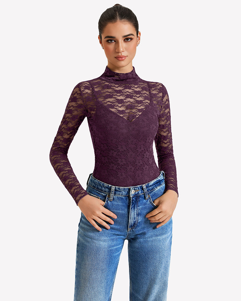 Long Sleeve Bodysuit Lace Tops Two Piece Set Shaperwear-bodysuit - Tophatter Daily Deals