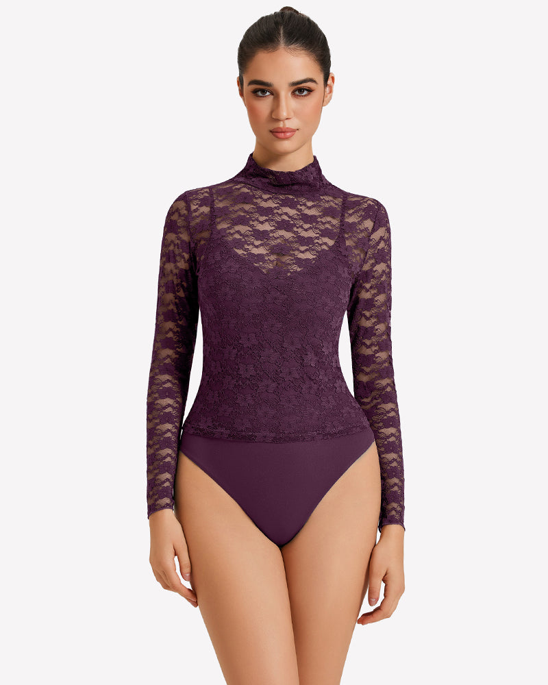 Long Sleeve Bodysuit Lace Tops Two Piece Set Dark Purple Shaperwear-bodysuit - Tophatter Daily Deals