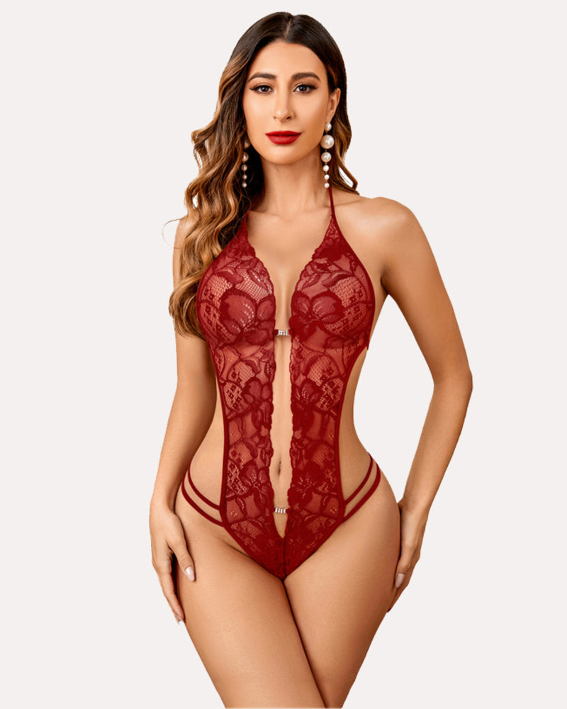 Lace Bodysuit Deep V Teddy (DE Only) Wine Red Lingeries-Bodysuits - Tophatter Daily Deals