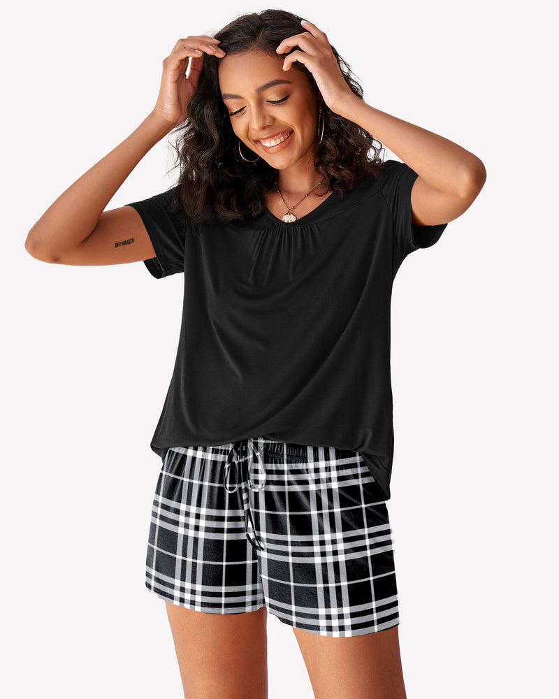 Plaid Shorts Pajama Set Nightwear Pjs Small Black Plaid Sleepwears-Pajamas Sets - Tophatter Daily Deals