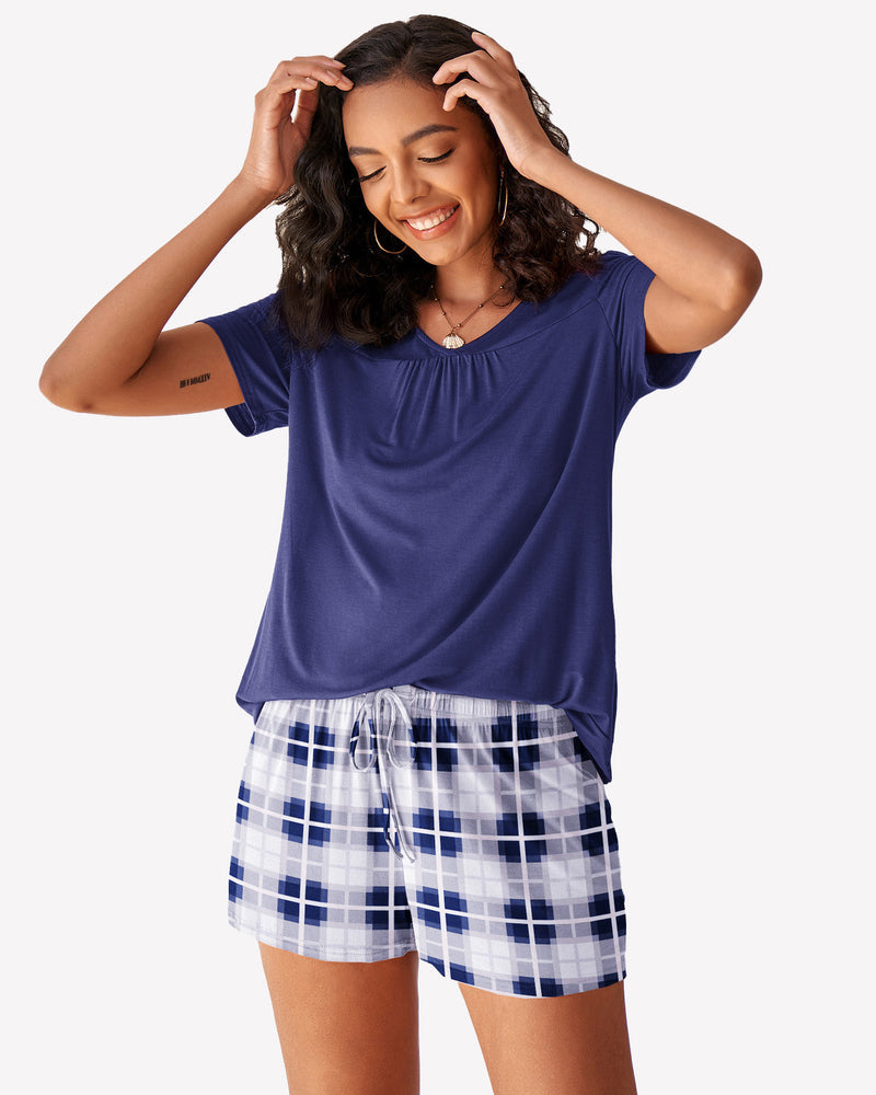 Plaid Shorts Pajama Set Nightwear Pjs Blue White Sleepwears-Pajamas Sets - Tophatter Daily Deals