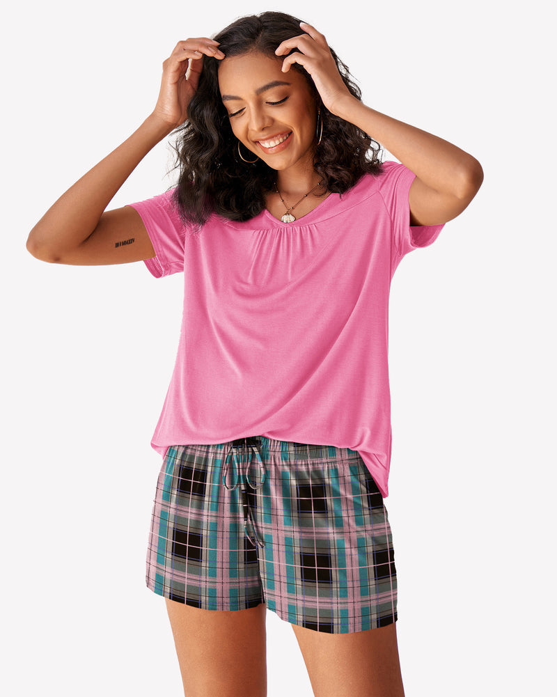 Plaid Shorts Pajama Set Nightwear Pjs Pink Stripe Sleepwears-Pajamas Sets - Tophatter Daily Deals