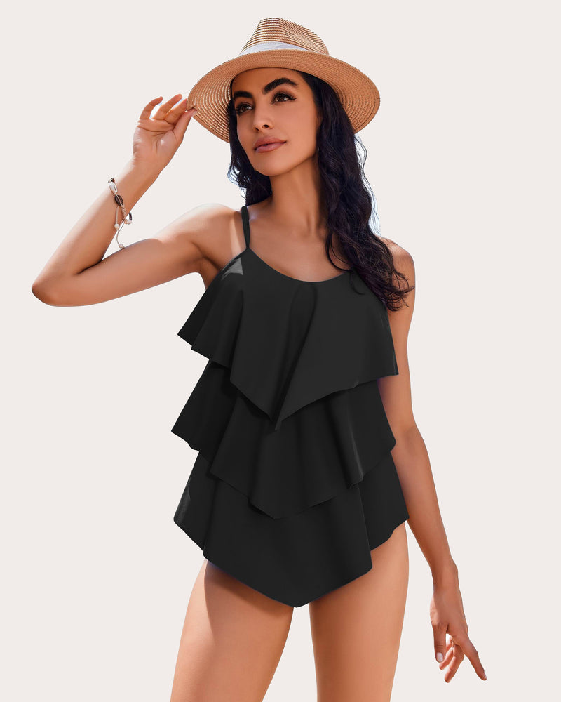 V-Neck Ruffle Layered Two Piece Swimsuits Black Swimsuits - Tophatter Daily Deals