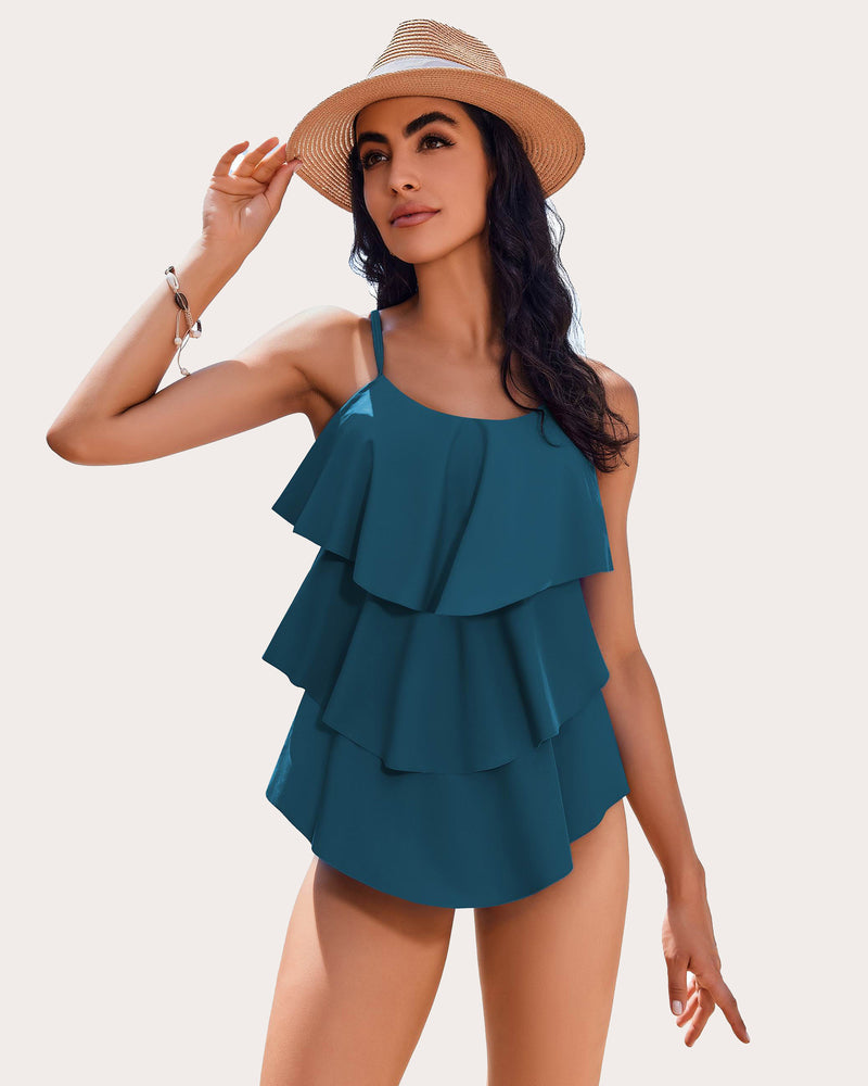 V-Neck Ruffle Layered Two Piece Swimsuits Green Swimsuits - Tophatter Daily Deals
