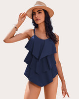V-Neck Ruffle Layered Two Piece Swimsuits Navy Blue Swimsuits - Tophatter Daily Deals