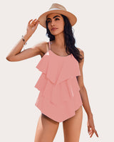 V-Neck Ruffle Layered Two Piece Swimsuits Pink Swimsuits - Tophatter Daily Deals