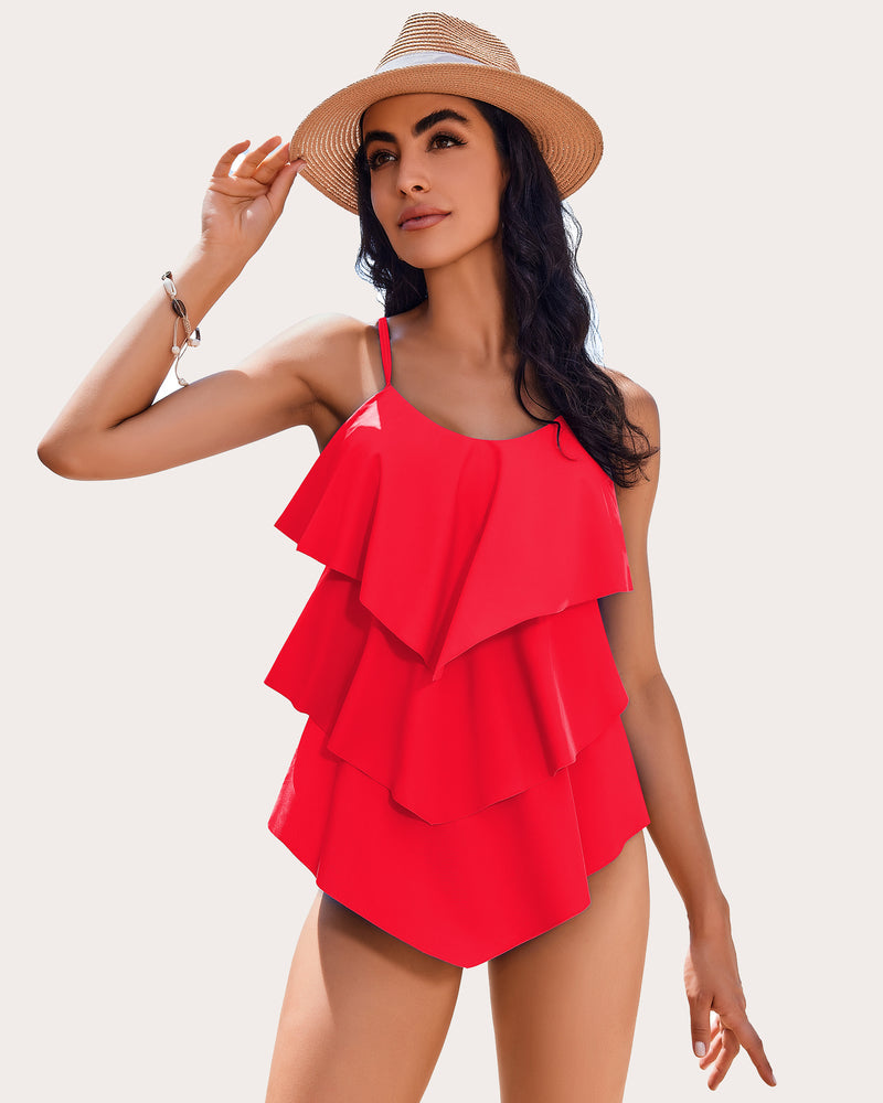 V-Neck Ruffle Layered Two Piece Swimsuits Red Swimsuits - Tophatter Daily Deals