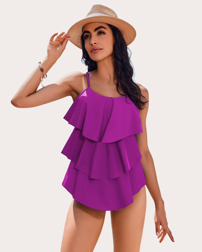 V-Neck Ruffle Layered Two Piece Swimsuits Purple Swimsuits - Tophatter Daily Deals