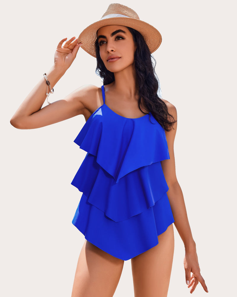 V-Neck Ruffle Layered Two Piece Swimsuits Dark Blue Swimsuits - Tophatter Daily Deals