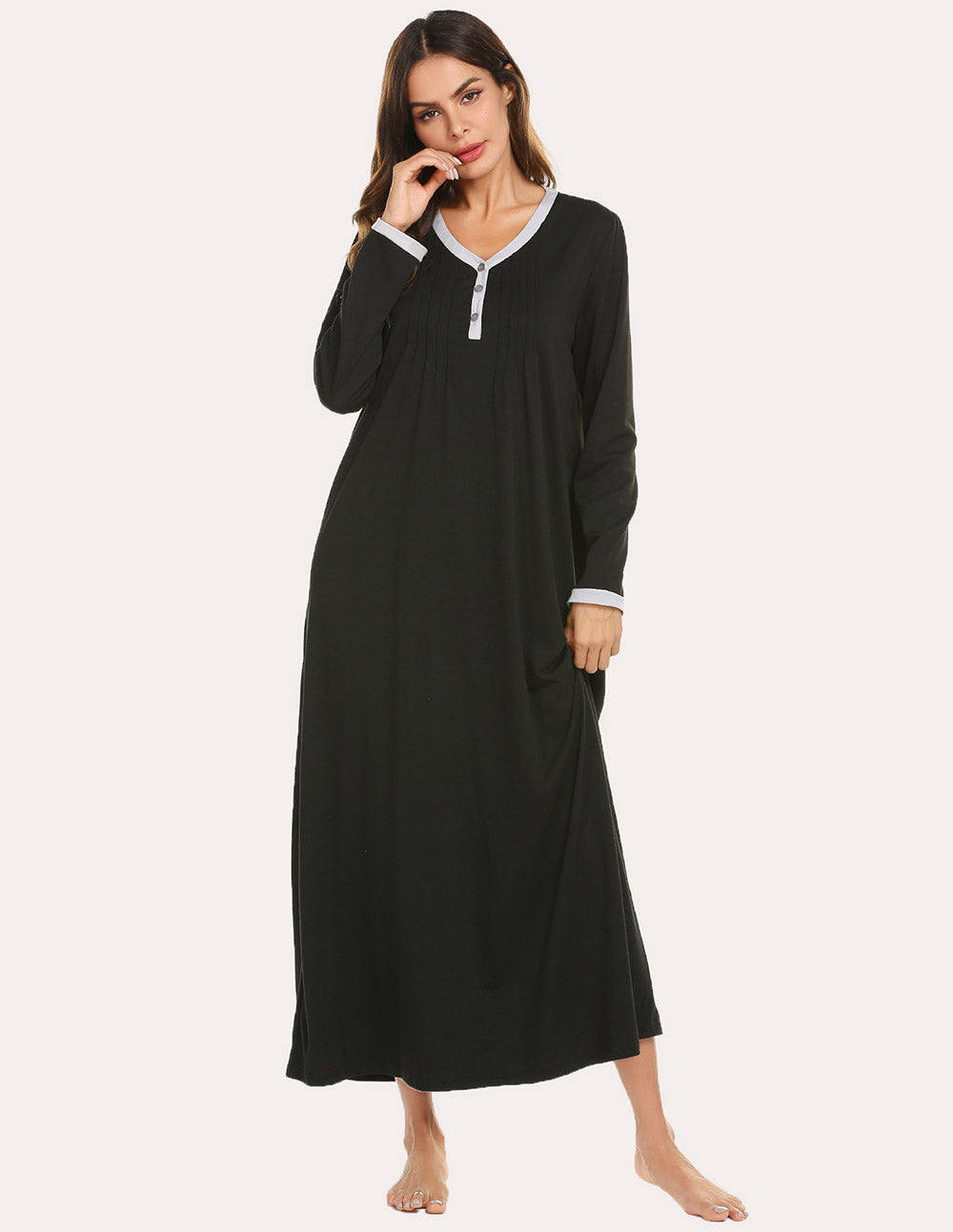 Long Sleeve Front Pleated Nightgown (US Only) Black Sleepwear & Loungewear - Tophatter Daily Deals