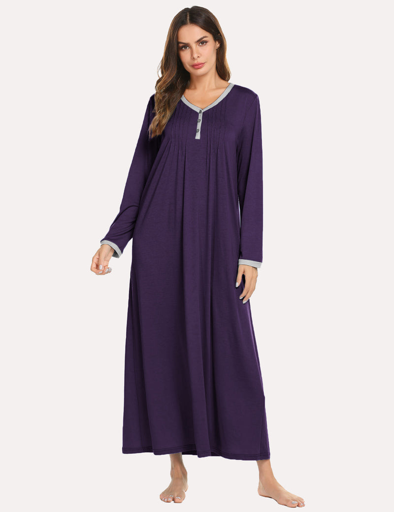 Long Sleeve Front Pleated Nightgown (US Only) Dark Purple Sleepwear & Loungewear - Tophatter Daily Deals