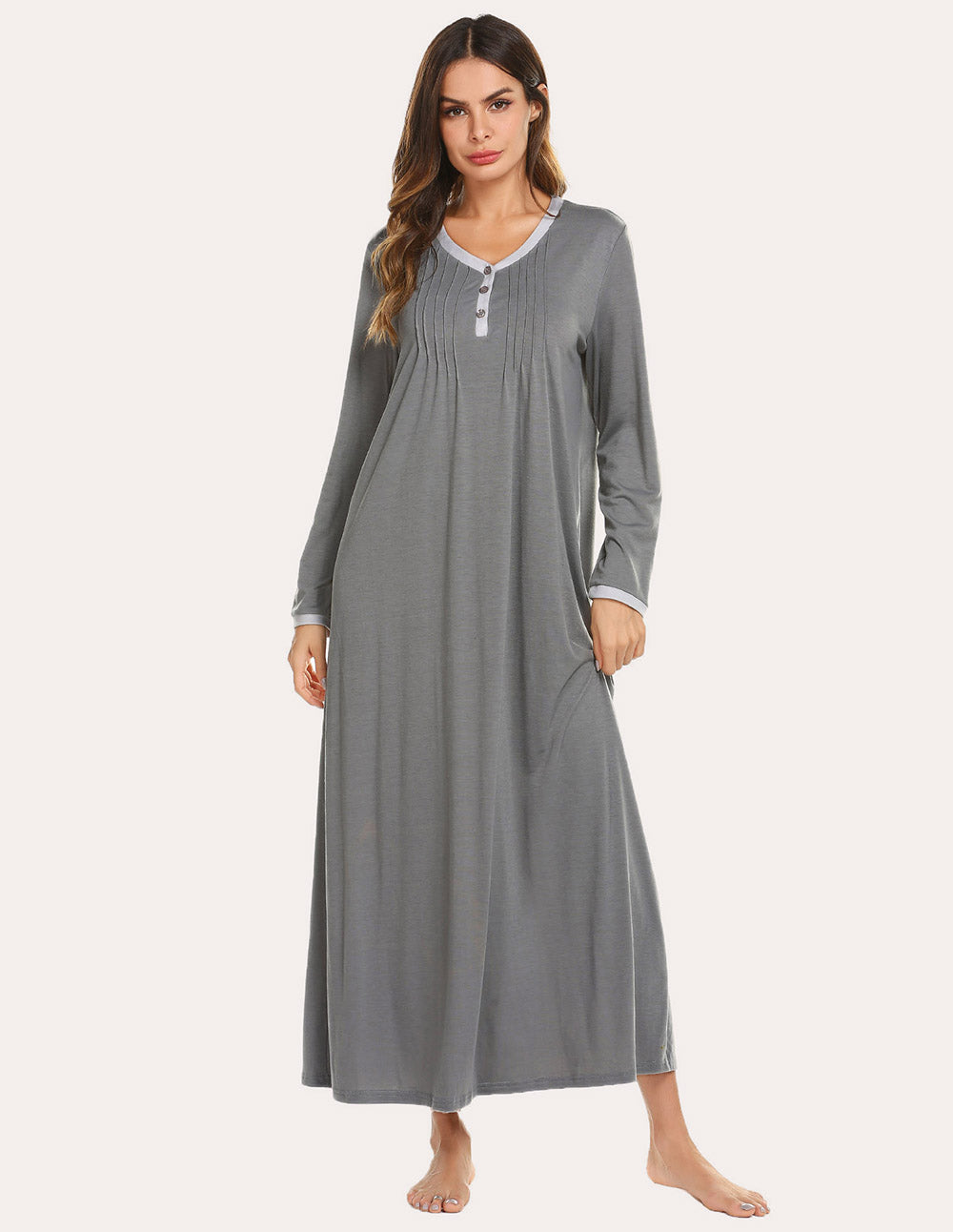 Long Sleeve Front Pleated Nightgown (US Only) Grey Sleepwear & Loungewear - Tophatter Daily Deals