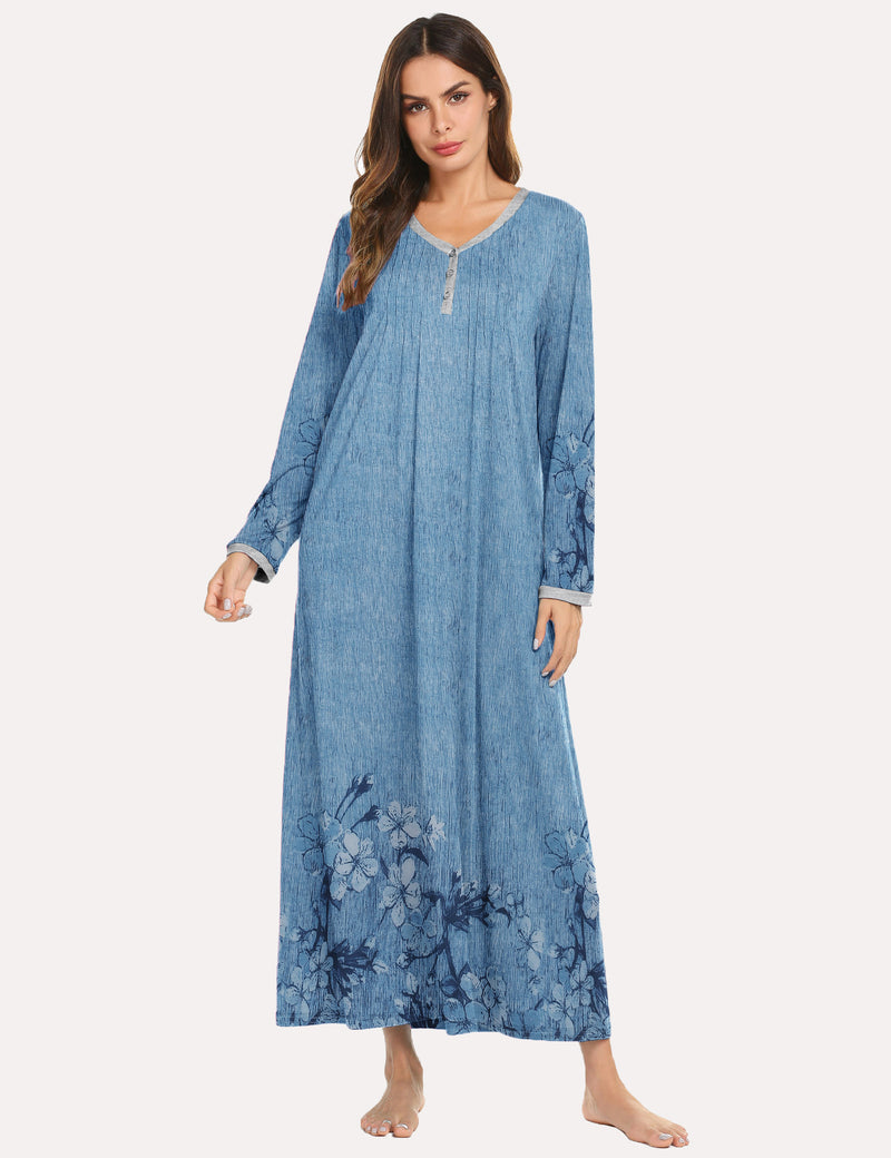 Long Sleeve Front Pleated Nightgown (US Only) Blue Ink Flower Sleepwear & Loungewear - Tophatter Daily Deals