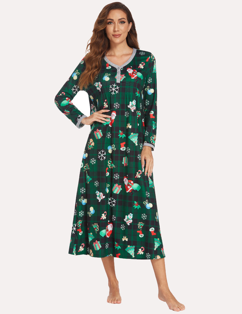 Long Sleeve Front Pleated Nightgown (US Only) Green Santa Sleepwear & Loungewear - Tophatter Daily Deals