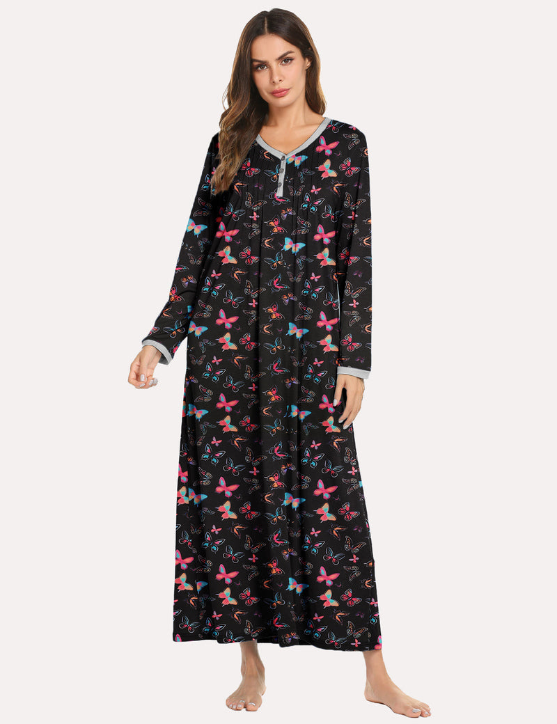 Long Sleeve Front Pleated Nightgown (US Only) Butterfly Sleepwear & Loungewear - Tophatter Daily Deals