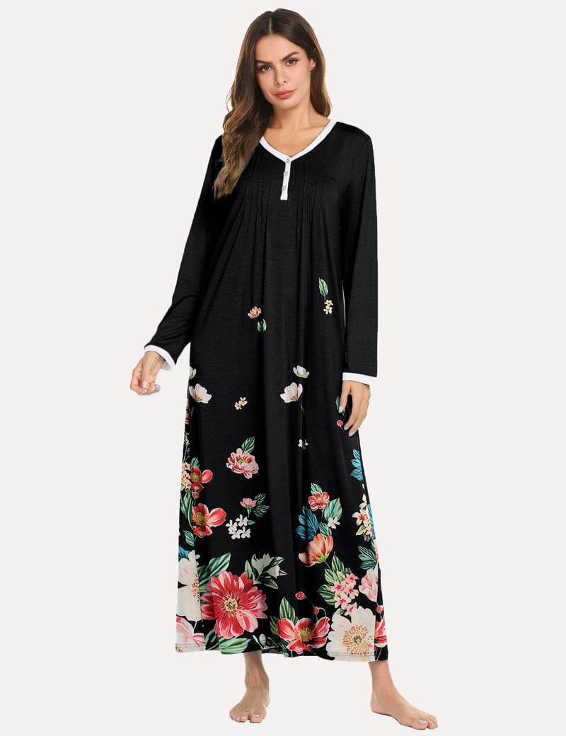 Long Sleeve Front Pleated Nightgown (US Only) Flowers Sleepwear & Loungewear - Tophatter Daily Deals
