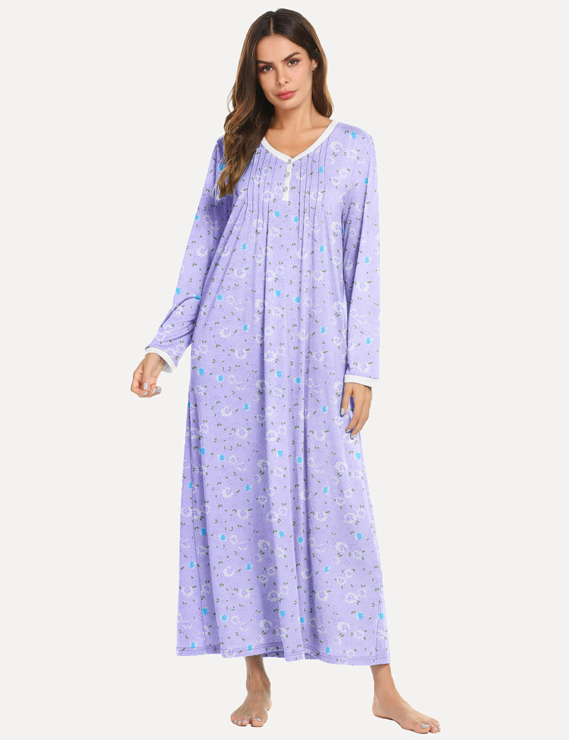 Long Sleeve Front Pleated Nightgown (US Only) Purple Floral Sleepwear & Loungewear - Tophatter Daily Deals