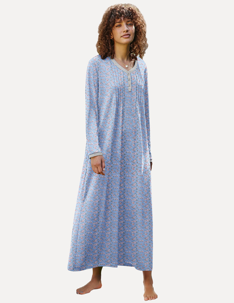Long Sleeve Front Pleated Nightgown (US Only) Blue Flowers Sleepwear & Loungewear - Tophatter Daily Deals