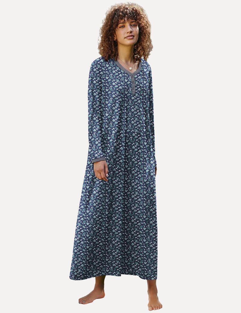 Long Sleeve Front Pleated Nightgown (US Only) Navy Flowers Sleepwear & Loungewear - Tophatter Daily Deals