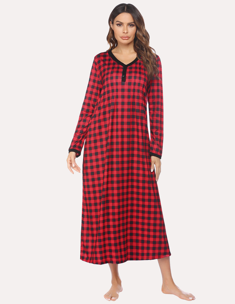 Long Sleeve Front Pleated Nightgown (US Only) Red Black Grid Sleepwear & Loungewear - Tophatter Daily Deals