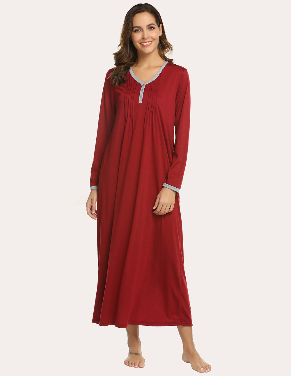 Long Sleeve Front Pleated Nightgown (US Only) Wine Red Sleepwear & Loungewear - Tophatter Daily Deals