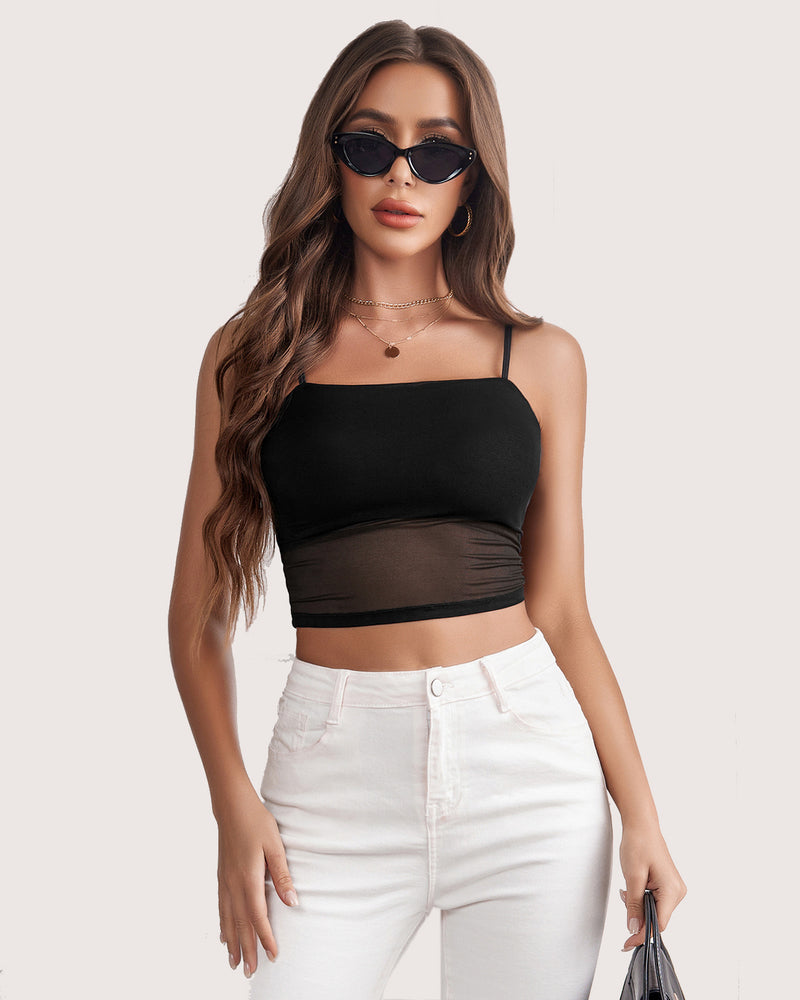 Spaghetti Strap Mesh Tank Top (DE Only) Black Lingerie Sets-Bras - Tophatter Daily Deals