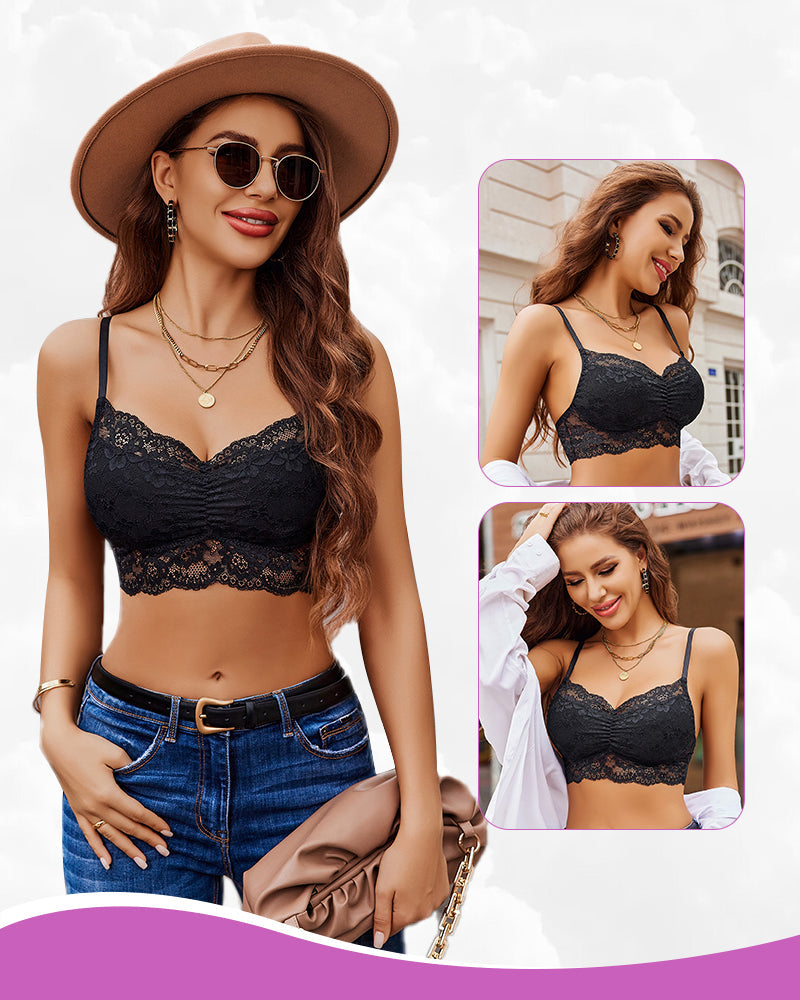 2Packs V Neck Lace Crop Tops Black+Black Lingerie Sets-Bras - Tophatter Daily Deals