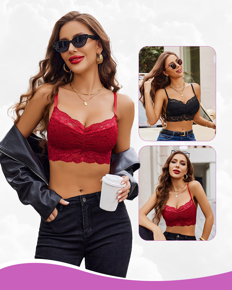 2Packs V Neck Lace Crop Tops Black+Wine Lingerie Sets-Bras - Tophatter Daily Deals