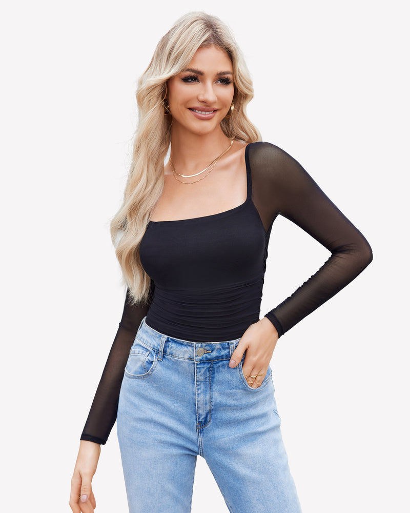 Square Neck Mesh Long Sleeve Bodysuit Shapewear Shaperwear-bodysuit - Tophatter Daily Deals
