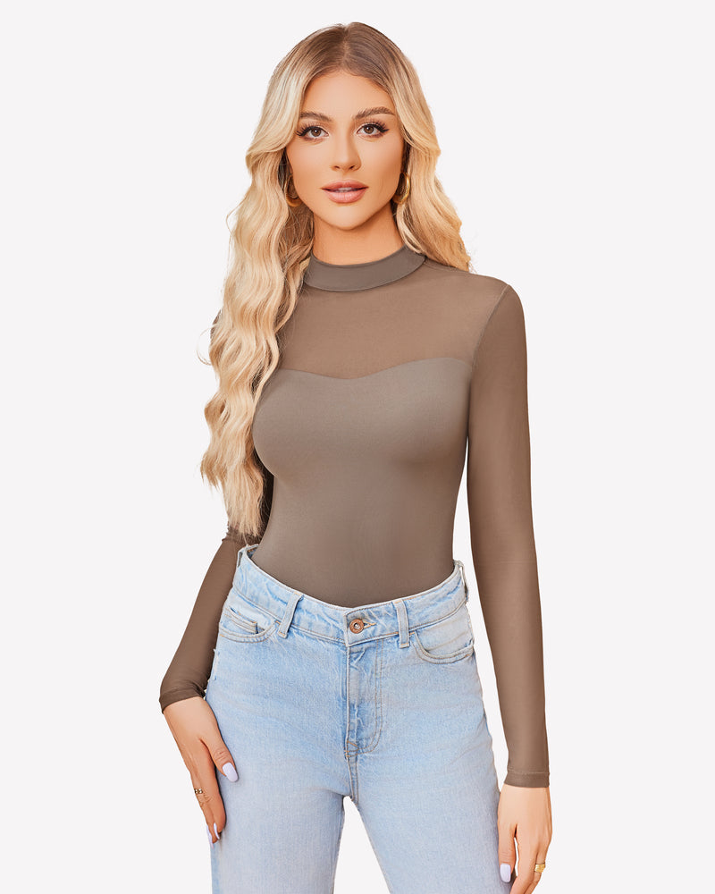 Mock Turtle Neck Sheer Mesh Bodysuit Lingeries-Bodysuits - Tophatter Daily Deals