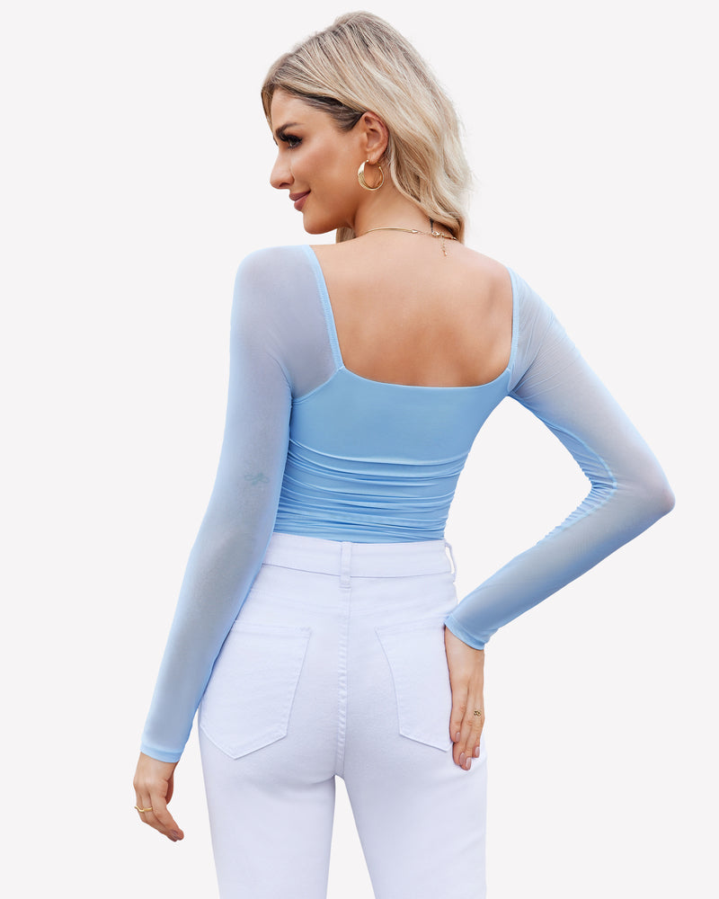 Square Neck Mesh Long Sleeve Bodysuit Shapewear Shaperwear-bodysuit - Tophatter Daily Deals