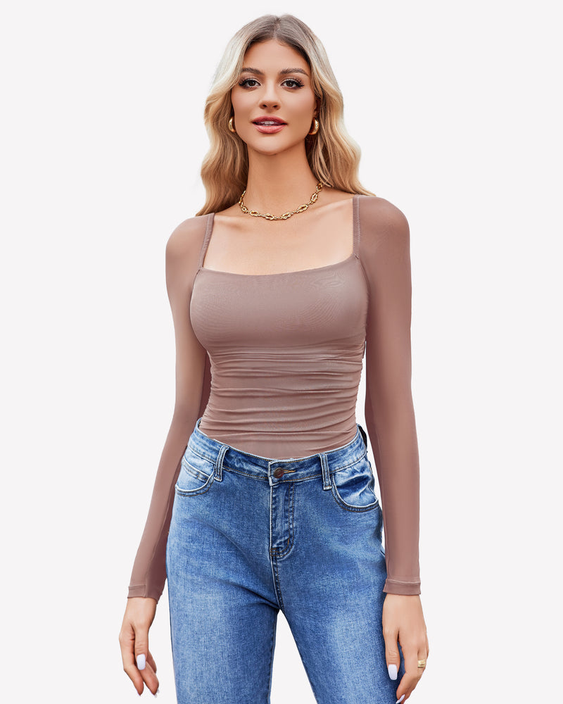 Square Neck Mesh Long Sleeve Bodysuit Shapewear Brown Shaperwear-bodysuit - Tophatter Daily Deals