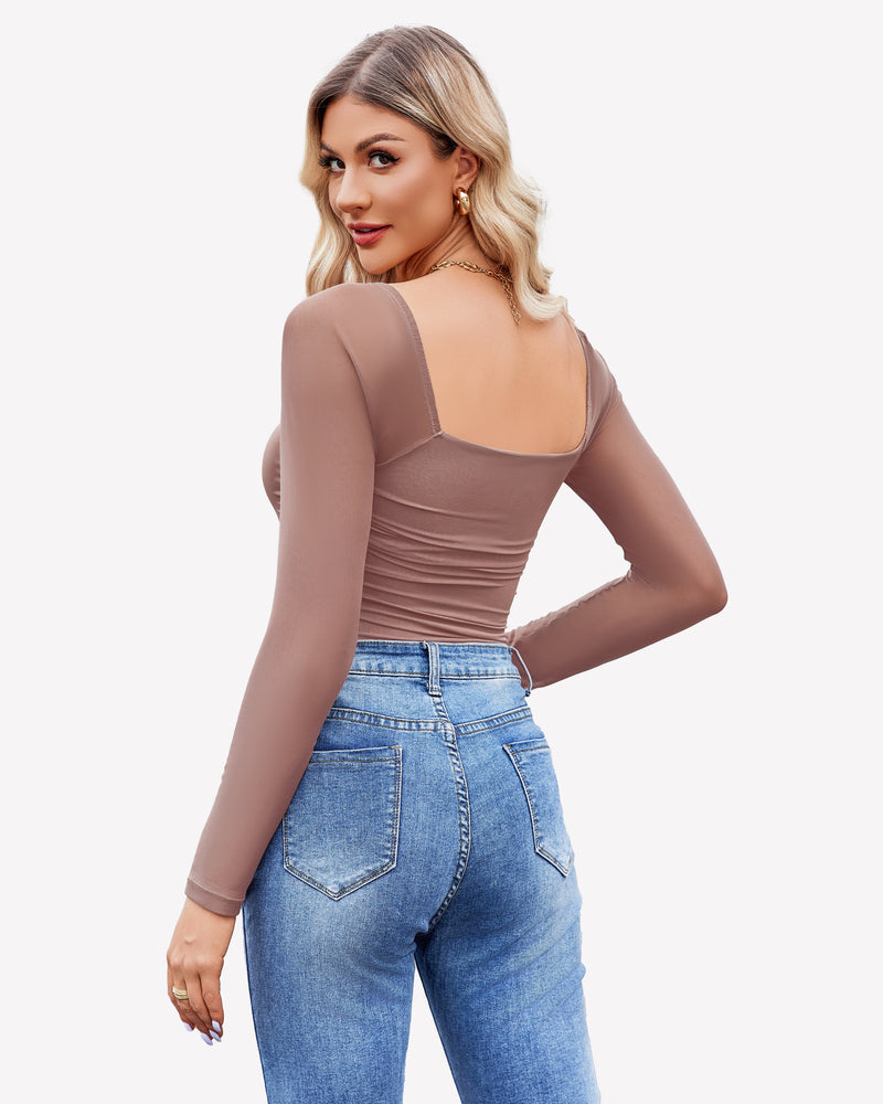 Square Neck Mesh Long Sleeve Bodysuit Shapewear Shaperwear-bodysuit - Tophatter Daily Deals