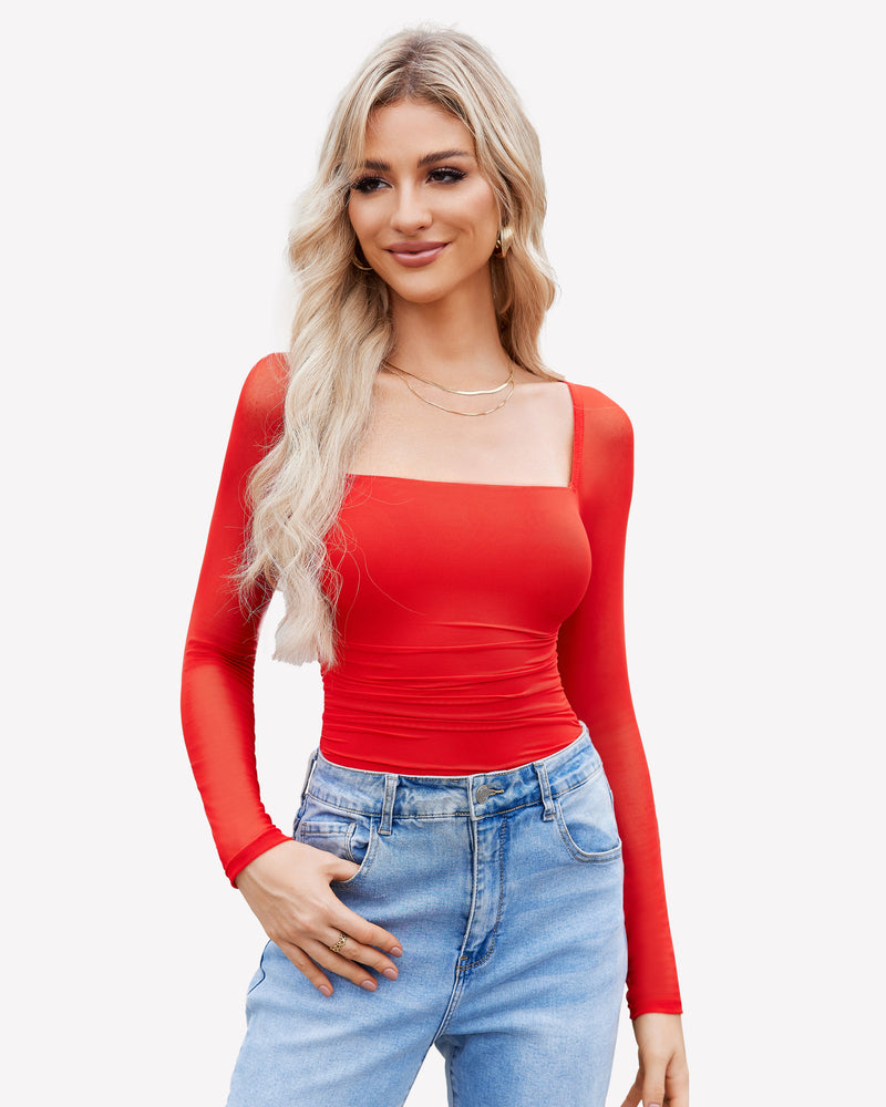 Square Neck Mesh Long Sleeve Bodysuit Shapewear Red Shaperwear-bodysuit - Tophatter Daily Deals